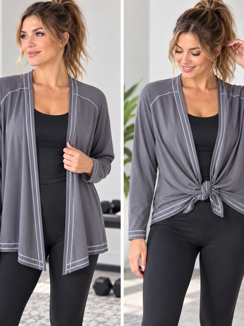 Title Nine Gray Diamalete Open Cardigan sz Large mesh back panel Tie Front